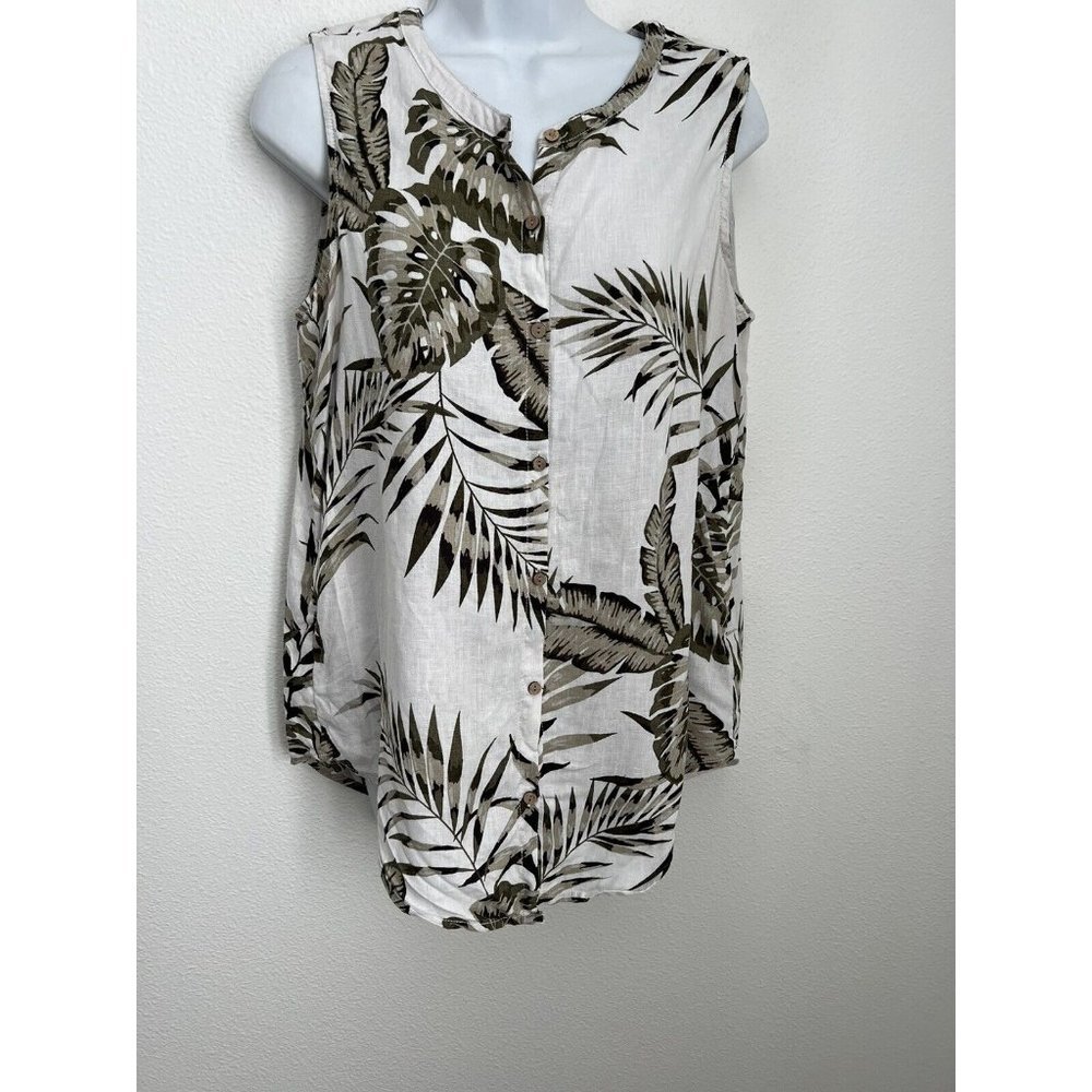 Tahari Women’s Medium Linen Sleeveless Button Up Blouse Hawaiian Print M
